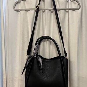 Black Faux Leather Tote Bag with Top Handles and Crossbody Strap